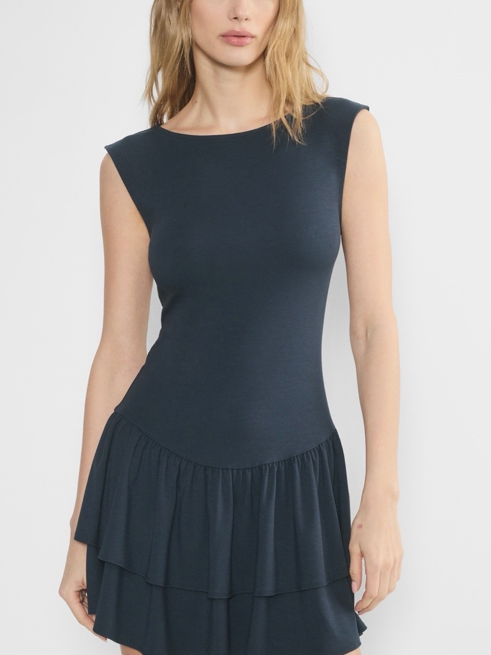 Aritzia GoodLux Bloomsbury Dress Navy Sleeveless Tiered Mini Dress